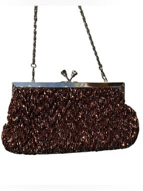 Bronze Brown Beaded Evening Clutch with Silver Chain rhinestones on kiss latch 8